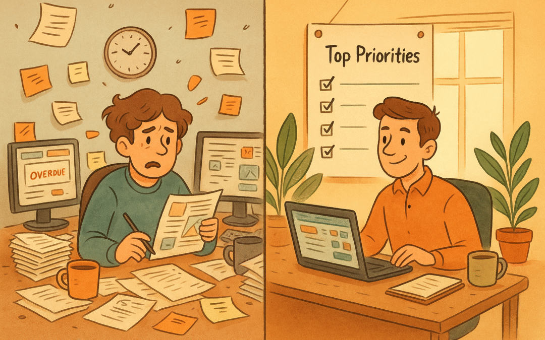Side-by-side comparison of good and great project managers at work