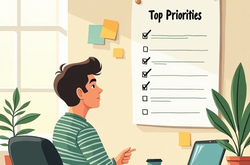 Illustration of a startup manager using a prioritization framework for operations, sitting at a minimalist desk with a task list and laptop