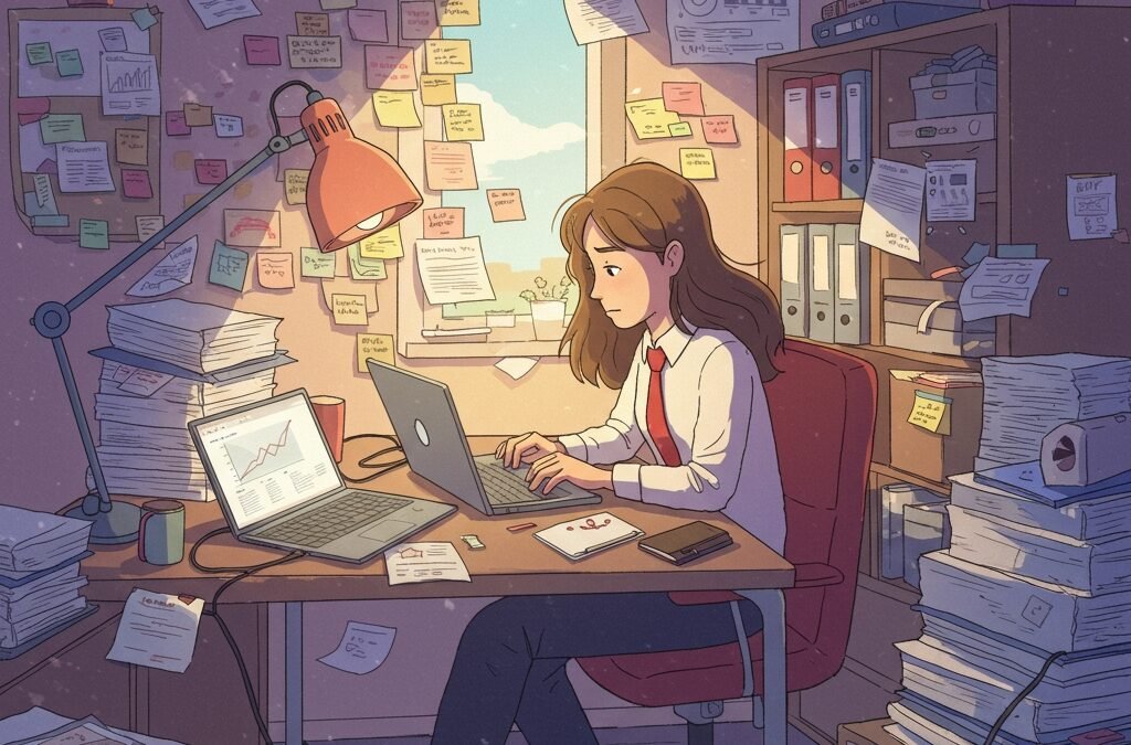 a stressed startup founder in a messy office, surrounded by documents and devices, symbolizing startup chaos