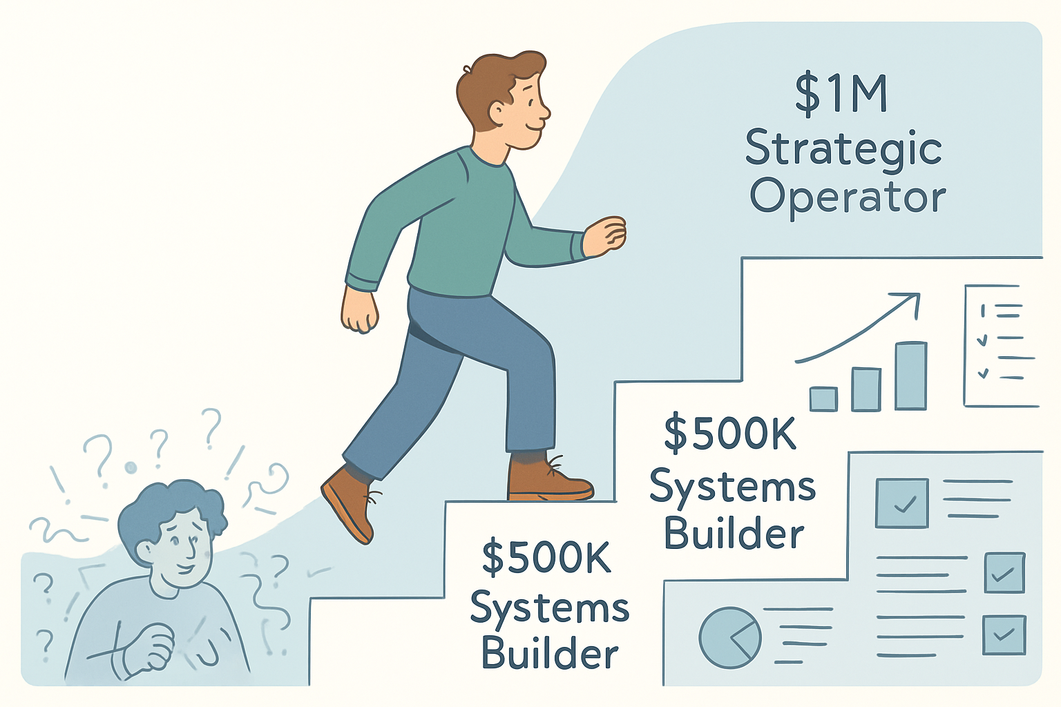 Illustration of a business owner climbing stairs from tactical project management to strategic growth
