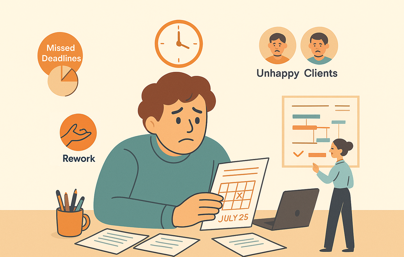 Founder overwhelmed by project management mistakes leading to delays and churn.